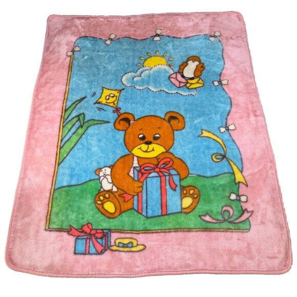 Vtg Novatex Baby Blanket Velour Teddy Bear Bird‎ Bow Sun Kite Pink Kawaii